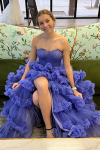 Strapless Purple Ruffle A-line Formal Gown