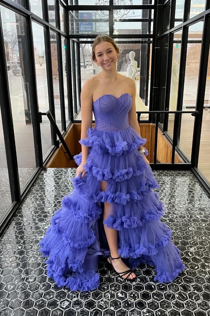 Strapless Purple Ruffle A-line Formal Gown