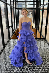 Strapless Purple Ruffle A-line Formal Gown