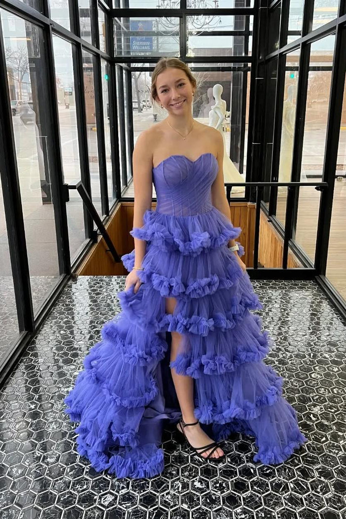 Strapless Purple Ruffle A-line Formal Gown