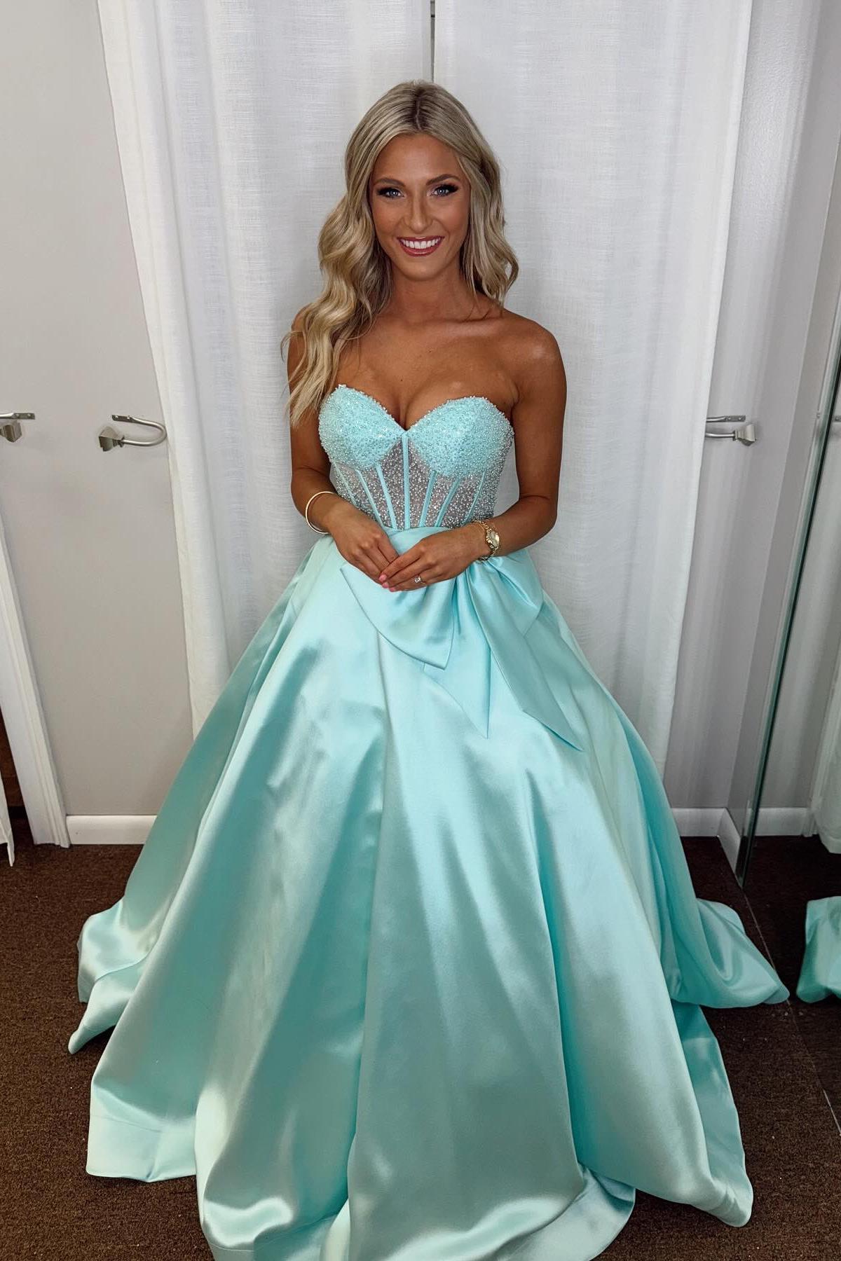 Beaded Sheer Aqua Satinn A-line Formal Gown
