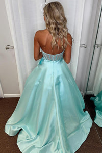 Beaded Sheer Aqua Satinn A-line Formal Gown