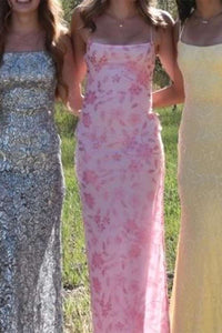 Straps Pink Beaded Fitted Long Party Dress