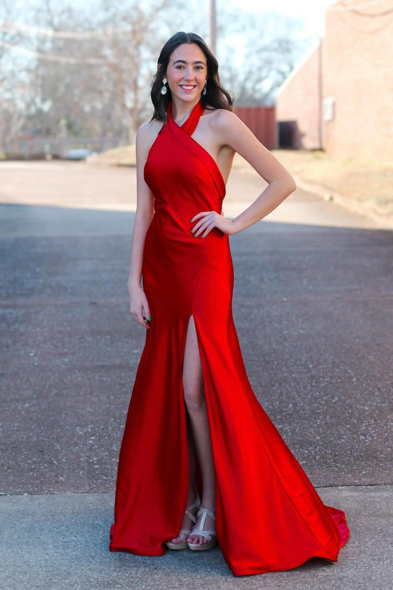 Halter Red Satin Fitted Party Dress with Slit