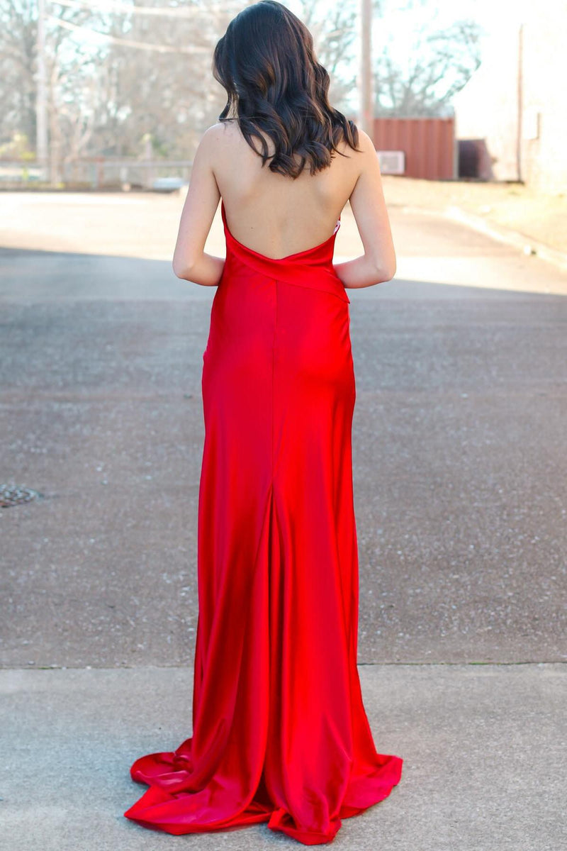 Halter Red Satin Fitted Party Dress with Slit
