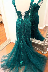 Emerald Green Appliques Mermaid Long Formal Dress