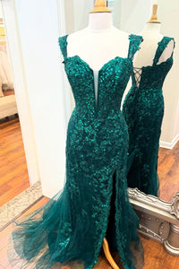 Emerald Green Appliques Mermaid Long Formal Dress