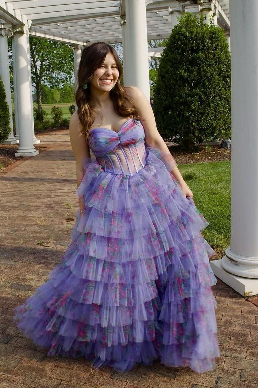 Sweetheart Floral Corset Tulle Ruffle A-line Prom Dress