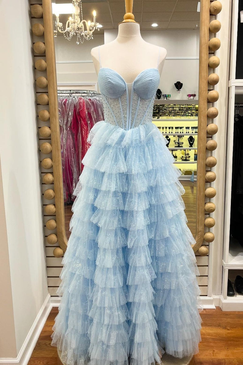Spaghetti Straps Light Blue Corset A-line Ruffle Gown
