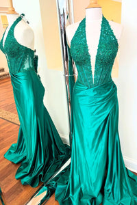 Halter Green Appliques Satin Ruched Prom Dress