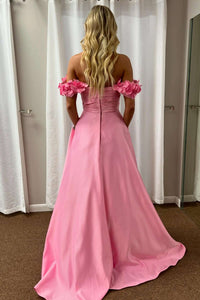 Flower Off the Shoulder Pink Satin A-line Prom Dress