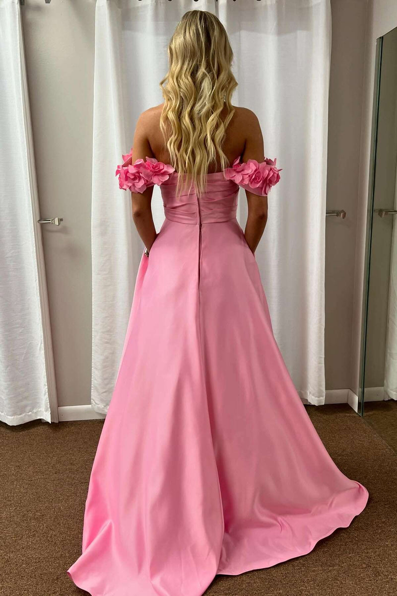 Flower Off the Shoulder Pink Satin A-line Prom Dress
