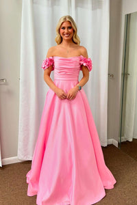 Flower Off the Shoulder Pink Satin A-line Prom Dress