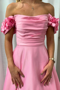 Flower Off the Shoulder Pink Satin A-line Prom Dress