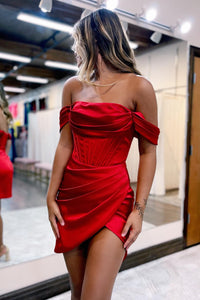 Red Off-the-Shoulder Faux-Wrap Satin Homecoming Dress