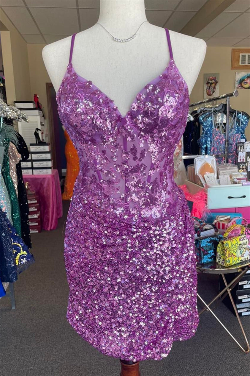 Grape Straps Sequined Embroidery Sheath Homecoming Dress