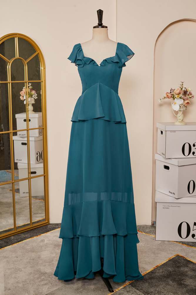 Teal Flaunt Sleeves A-line Layers Long Bridesmaid Dress