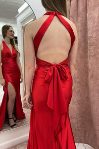 Red Criss-cross Ruched Bow Back Prom Dress with Slit