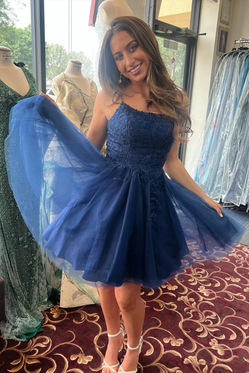 Navy Blue Appliques A-line Tulle Homecoming Dress