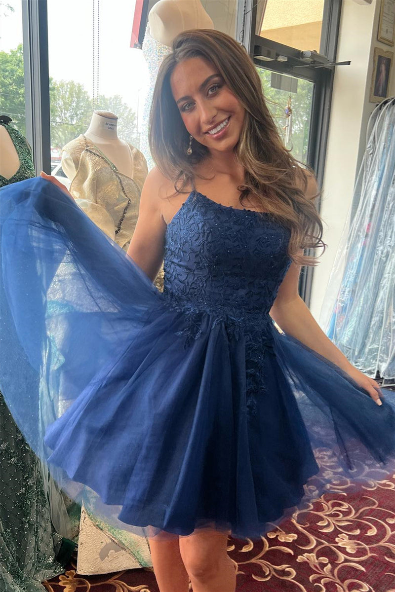 Navy Blue Appliques A-line Tulle Homecoming Dress