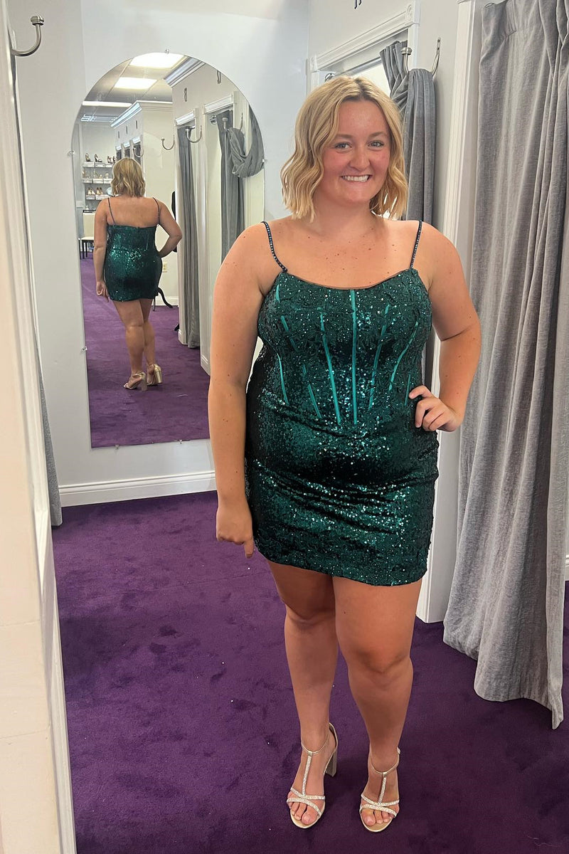Dark Green Sheath Sequins Straps Homecoming Dress