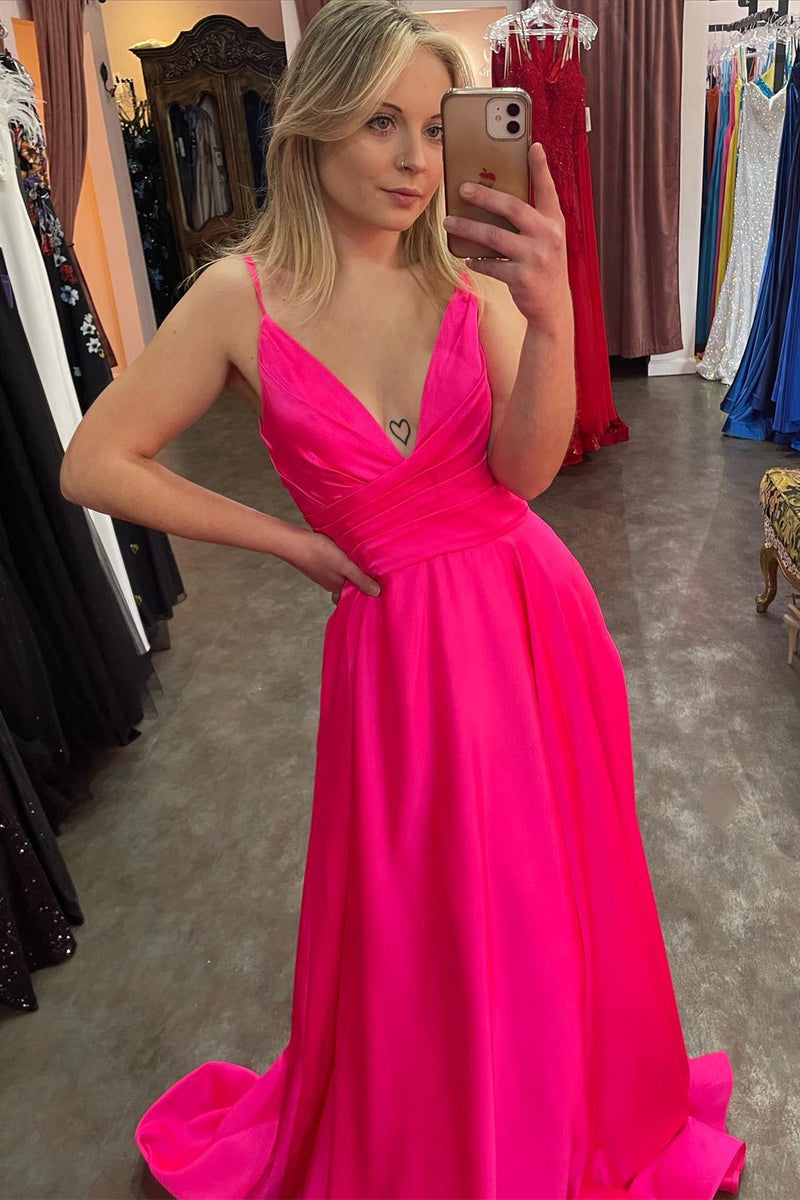 Fuchsia Plunging V Neck Straps A-line Satin Long Prom Dress with Slit