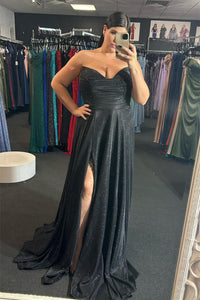 Sparkly Black A-line Strapless Pleated Long Prom Dress with Slit