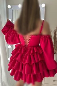 Rose Pink Cold Shoulder Straps RUffled Long Sleeves Layers Homecoming Dress