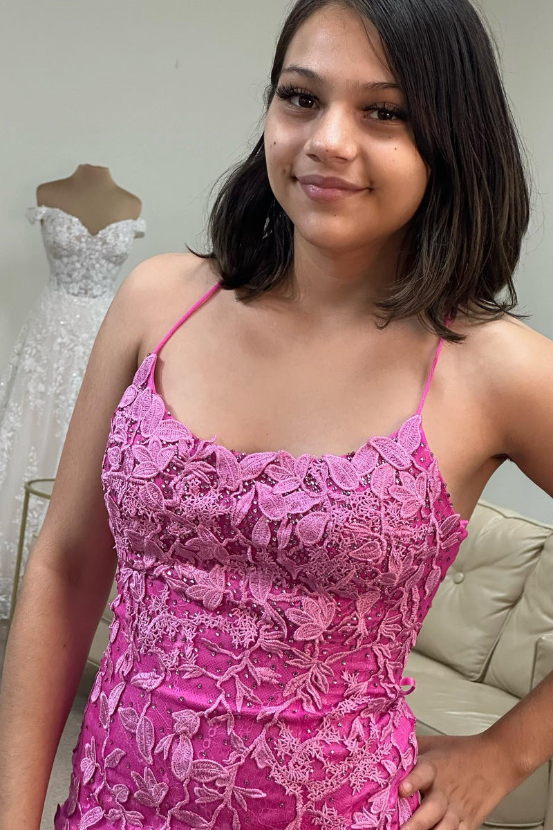 Fuchsia Lace-Up Sheath Appliques Homecoming Dress