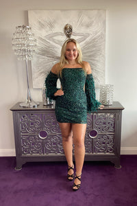 Hunter Green Strapless Sequins Feathers Homecoming Dress with Detachable Sleeves