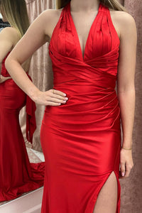 Red Criss-cross Ruched Bow Back Prom Dress with Slit