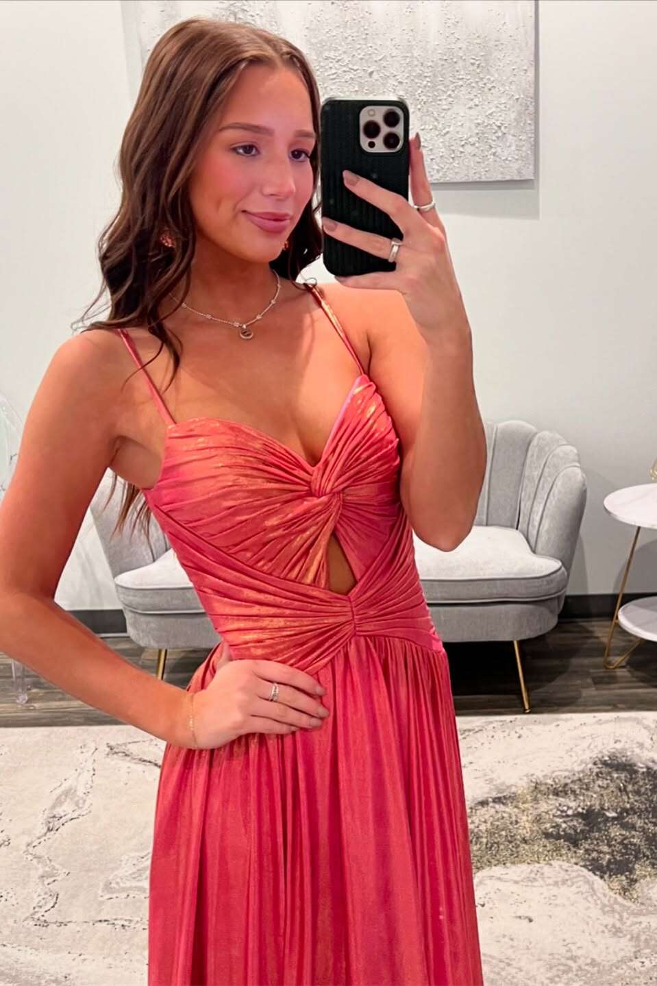 Straps Coral Twist Metallic Long Dress with Slit