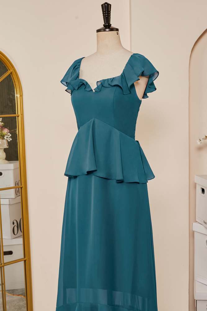 Teal Flaunt Sleeves A-line Layers Long Bridesmaid Dress