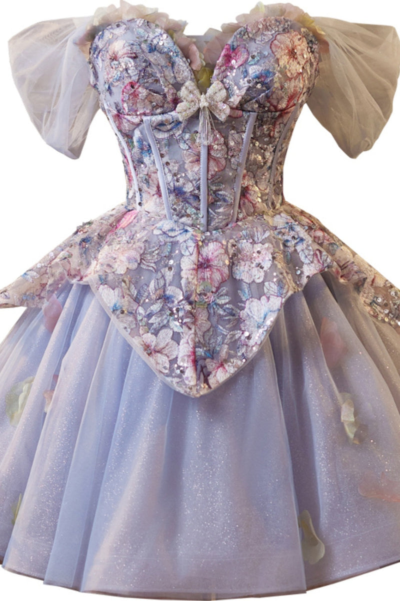 Off the Shoulder Purple Embroidery Tulle Homecoming Dress