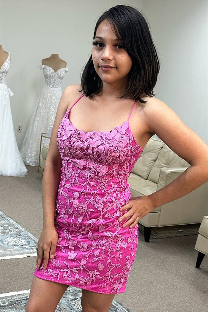 Fuchsia Lace-Up Sheath Appliques Homecoming Dress