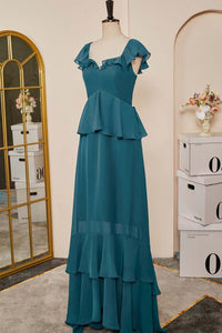 Teal Flaunt Sleeves A-line Layers Long Bridesmaid Dress