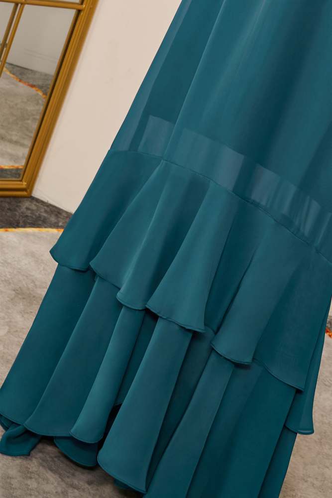 Teal Flaunt Sleeves A-line Layers Long Bridesmaid Dress