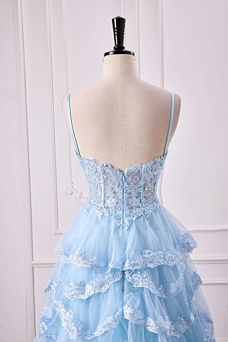 Light Blue Spaghetti Straps Floral Layers A-line Long Prom Dress with Slit