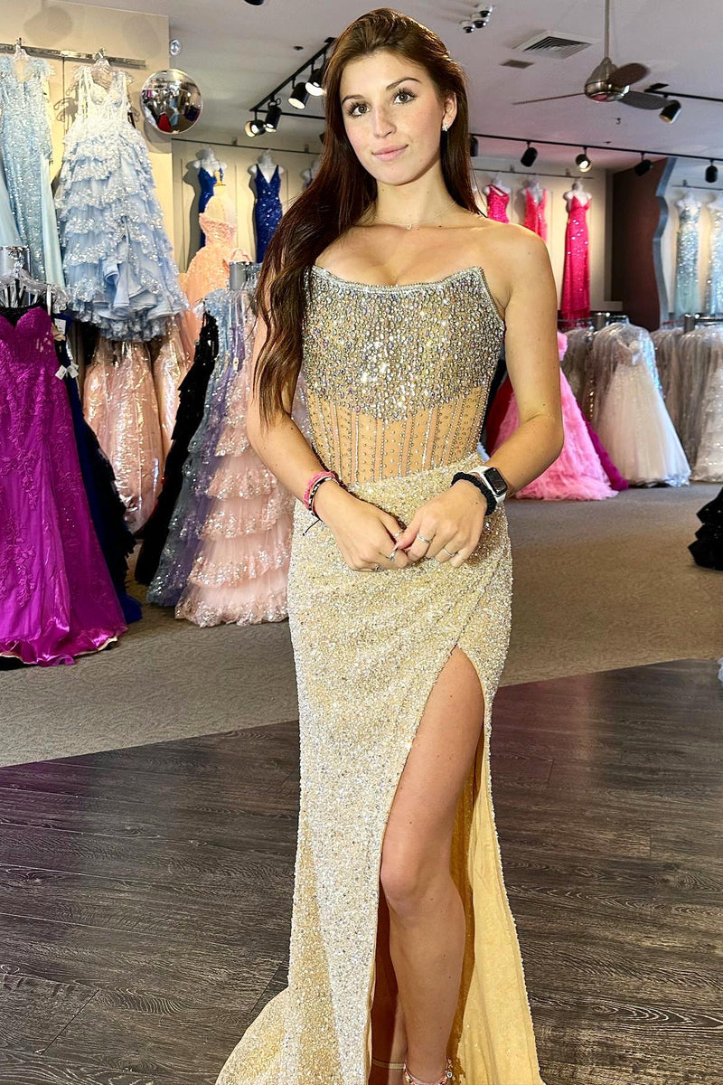 Silver Strapless Sequins Mermaid Long Prom Dress with Slit
