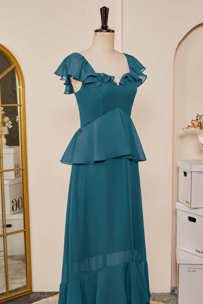 Teal Flaunt Sleeves A-line Layers Long Bridesmaid Dress