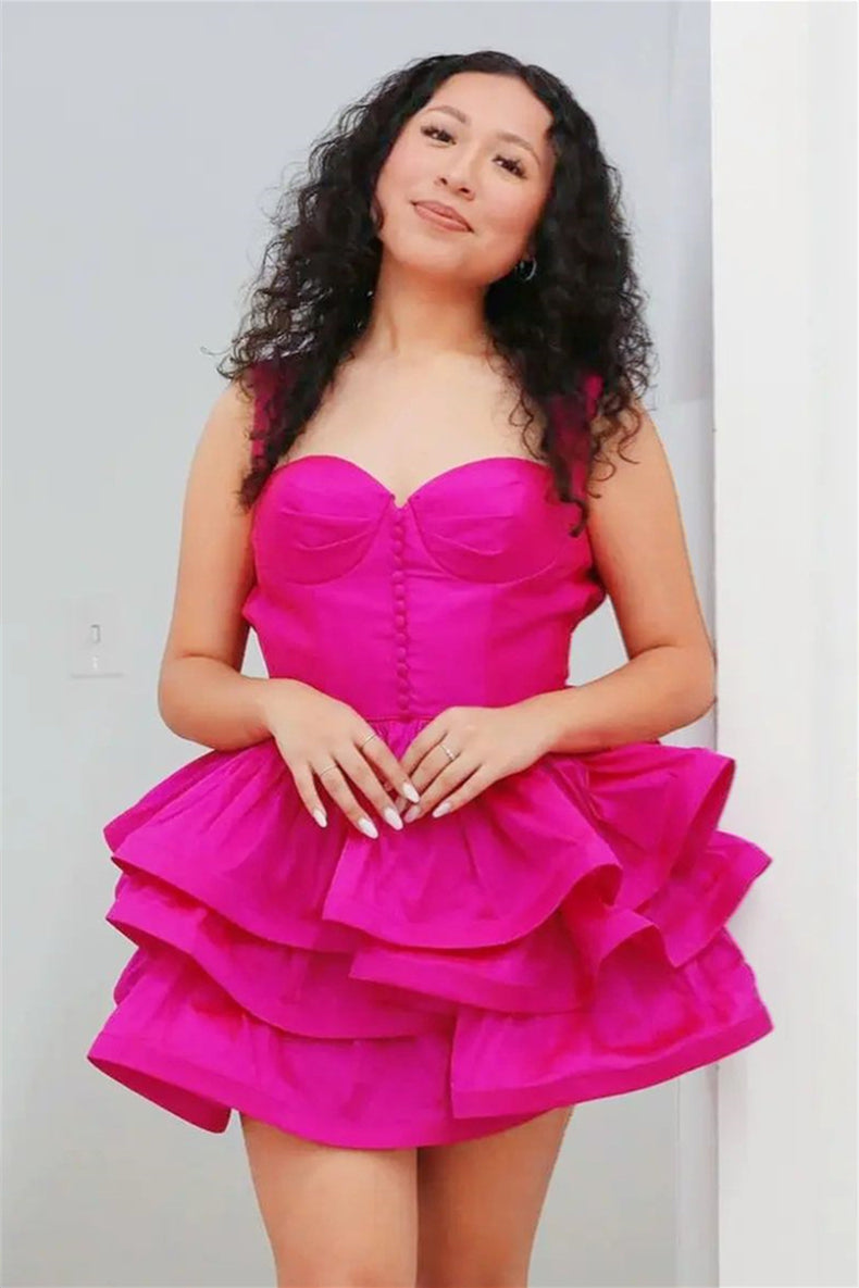 Fuchsia A-line Ruffle-Layers Satin Homecoming Dress