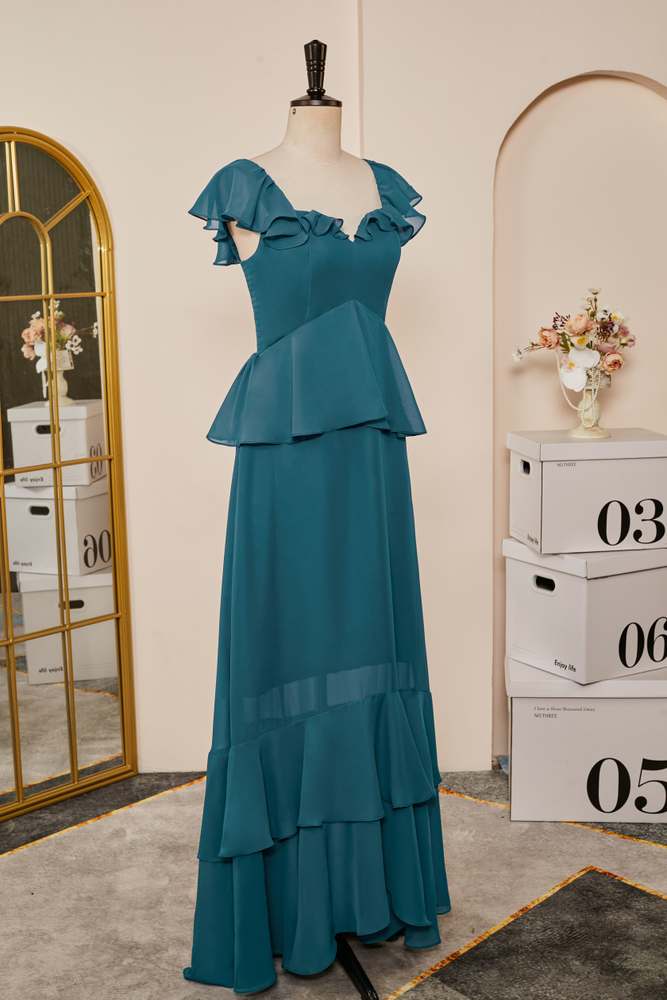 Teal Flaunt Sleeves A-line Layers Long Bridesmaid Dress
