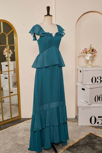 Teal Flaunt Sleeves A-line Layers Long Bridesmaid Dress