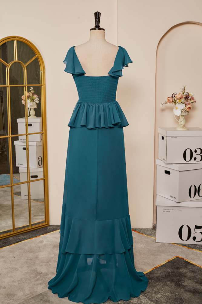 Teal Flaunt Sleeves A-line Layers Long Bridesmaid Dress