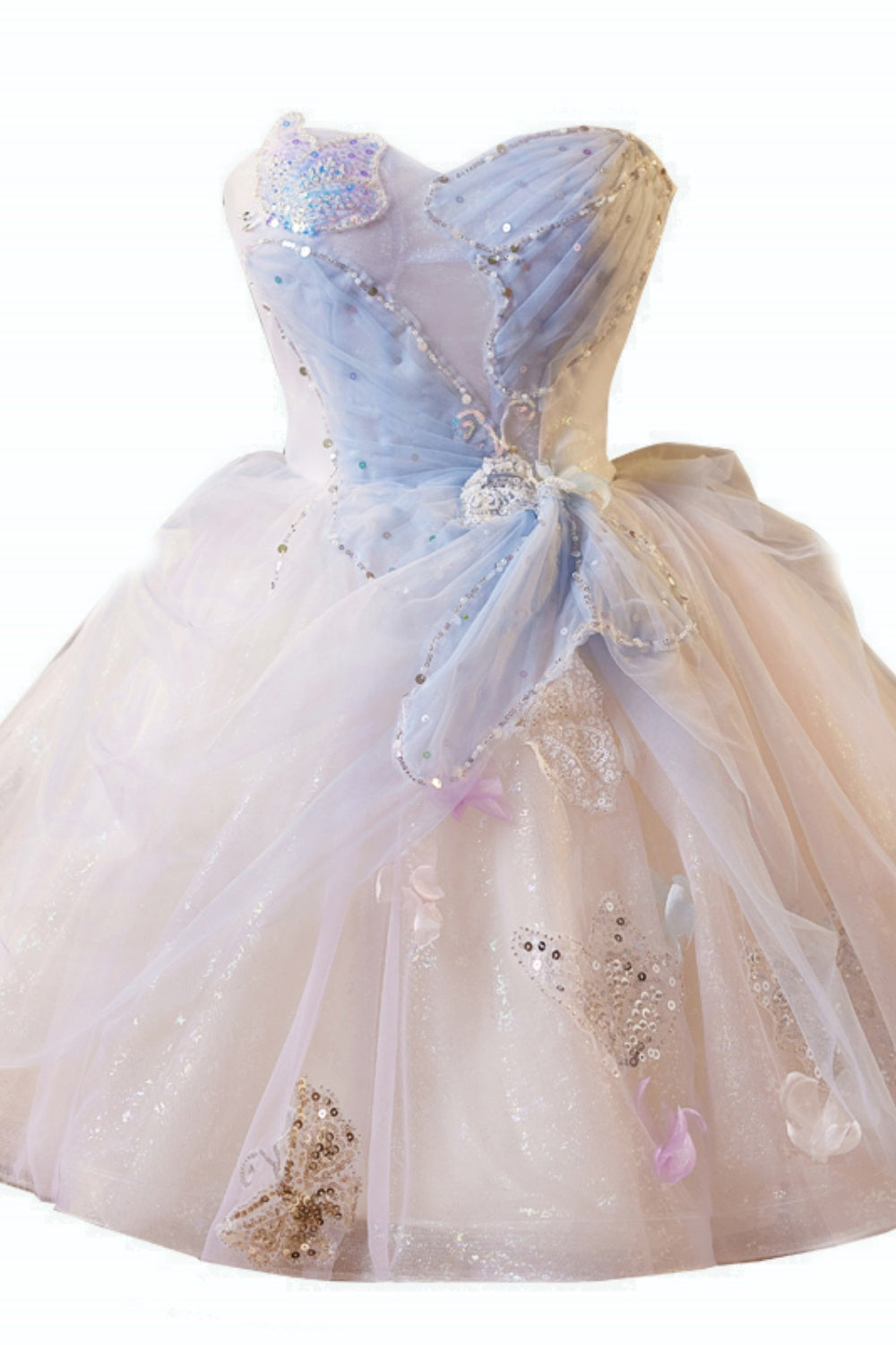 Strapless Blue Butterfly Patttern Short A-line Dress