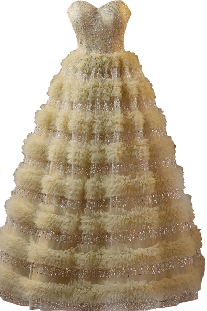 Golden Sweetheart Sequin Ruffle A-line Prom Gown