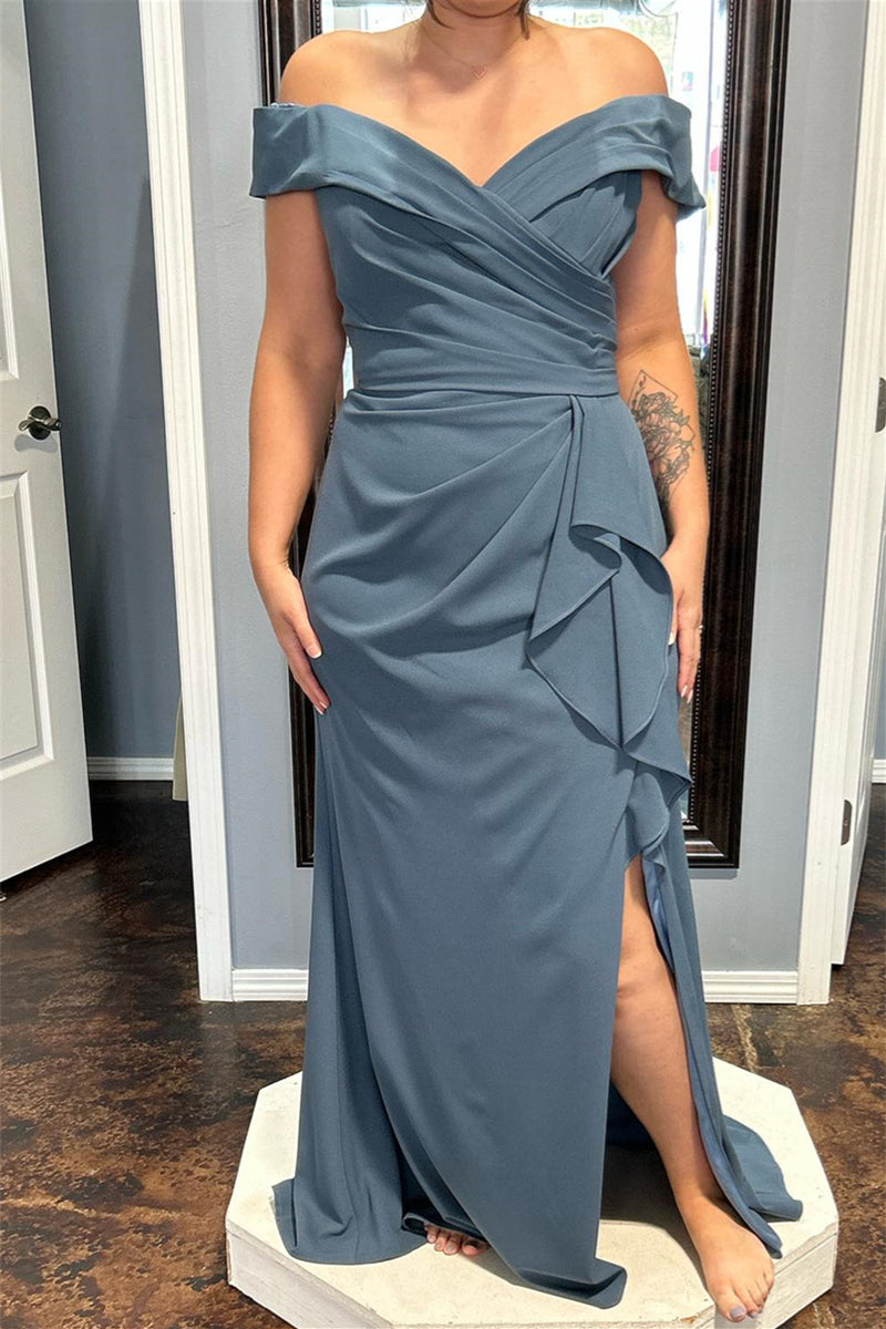 Mist Off-the-Shoulder Chiffon Ruffle Long Bridesmaid Dress with Slit