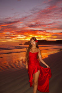 Straps Burgundy Satin Fitted Ruffle Long Party Dress