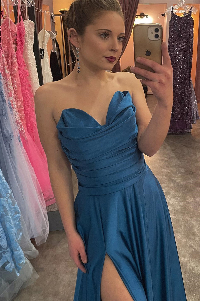 Ink Blue Strapless Satin A-line Pleated Long Prom Dress with Slit