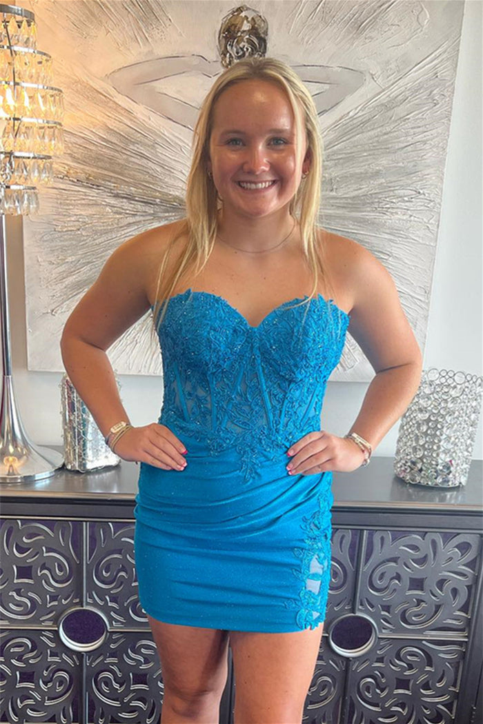 Blue Jay Strapless Appliques Sheath Homecoming Dress